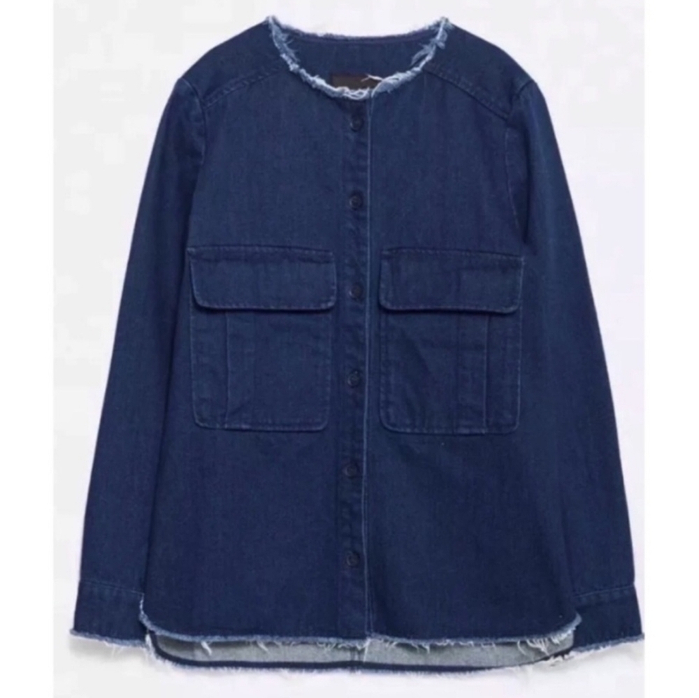 ZARA Trafaluc Frayed Raw Hem Dark Denim Jacket In Size M